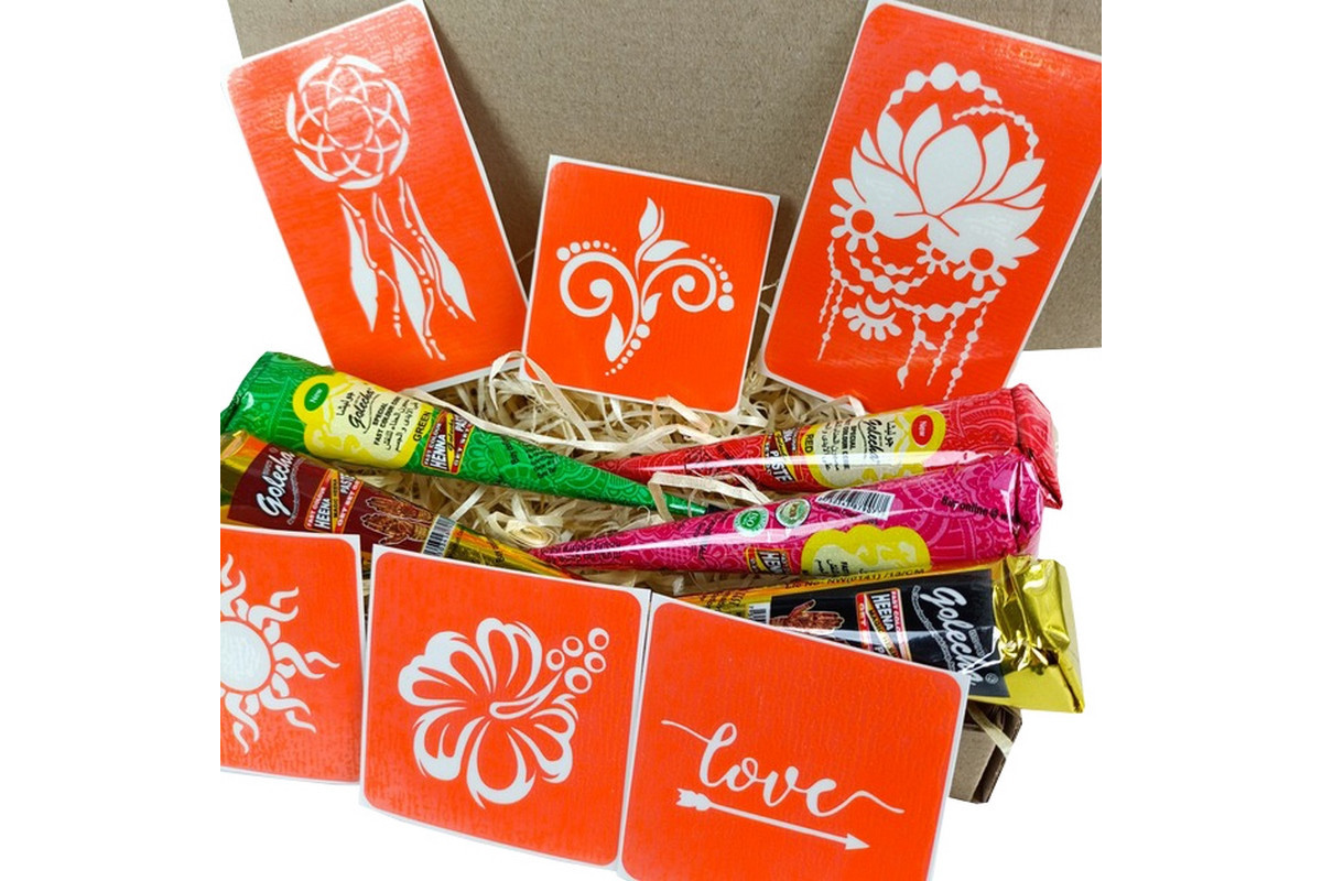 Набір кольорової хни з трафаретами для біо-тату №1 color-henna-set-01 Набір кольорової хни з трафаретами для біо-тату №1 color-henna-set-01