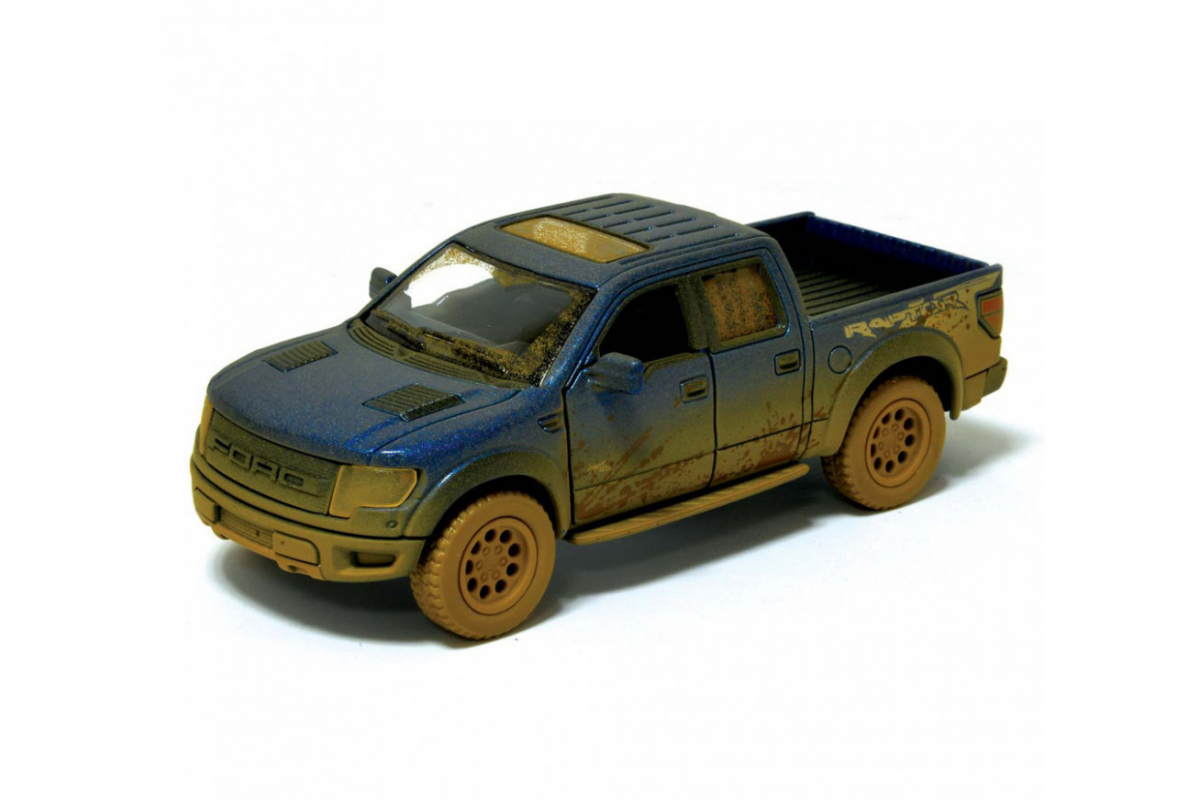 Детская модель машинки пикап Ford F-150 SVT Raptor-Supercrew Muddy Kinsmart KT5365WY инерционная, 1:46 Blue