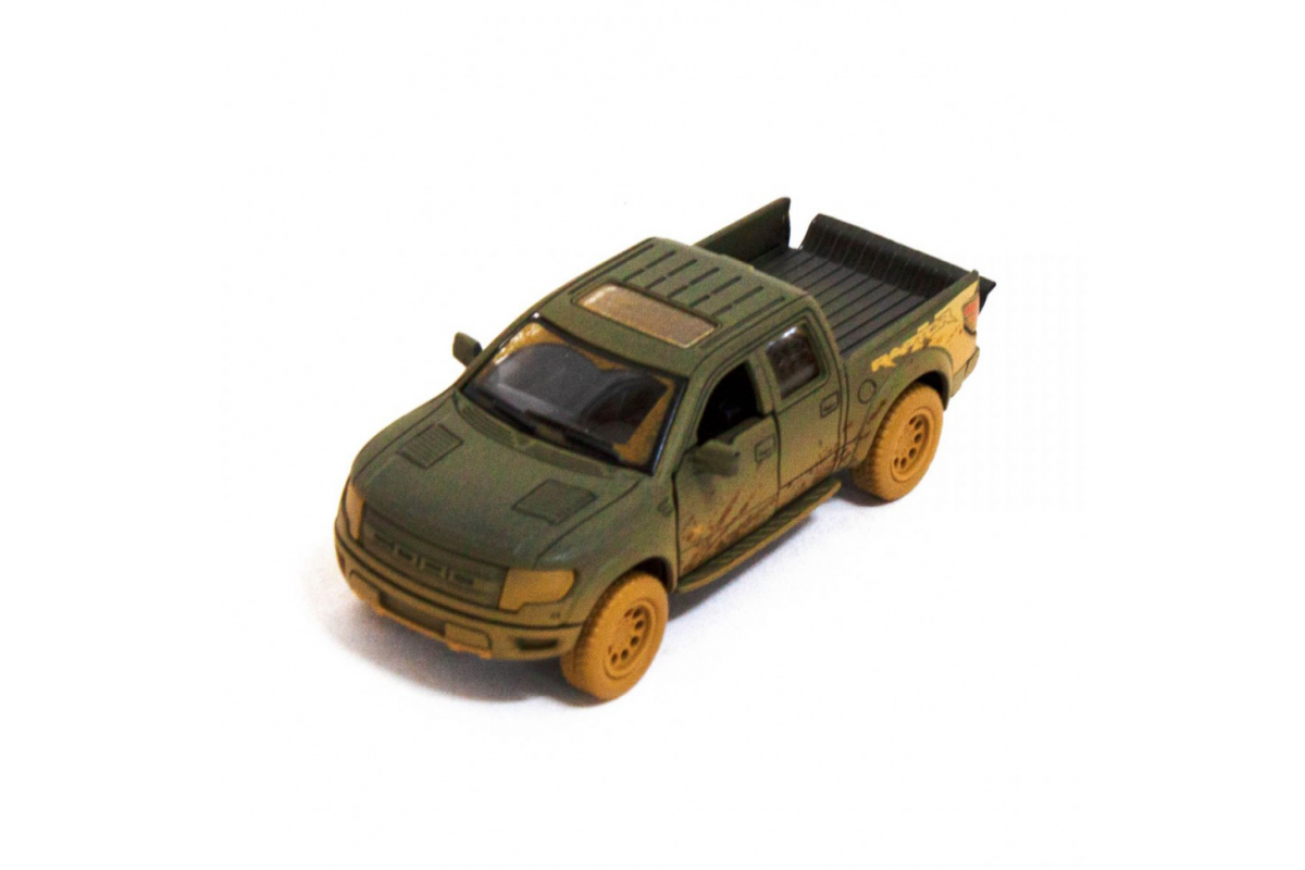 Детская модель машинки пикап Ford F-150 SVT Raptor-Supercrew Muddy Kinsmart KT5365WY инерционная, 1:46 Dark-Green