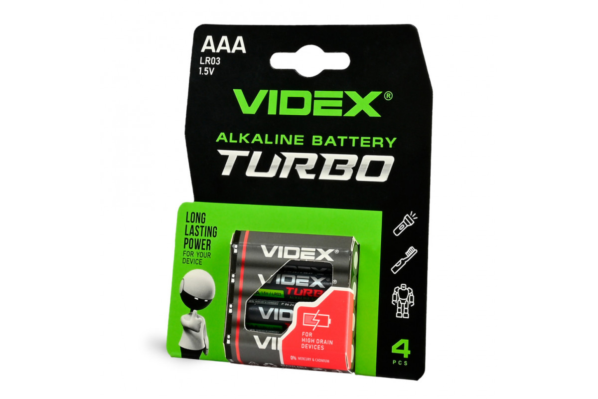 Батарейка щелочная Videx LR03/AAA Turbo 4 шт BLISTER Батарейка щелочная Videx LR03/AAA Turbo 4 шт BLISTER