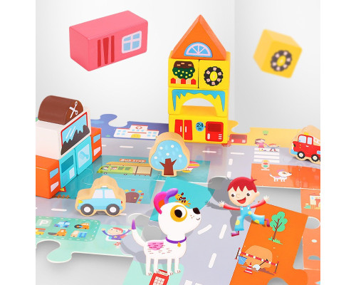 Деревянный конструктор "Город" C 75545, 12 пазлов, 88 деталей