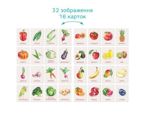 Детский набор учебных карточек Монтессори "Овощи и фрукты" 301232, 32 изображения