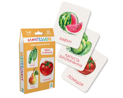 Детский набор учебных карточек Монтессори "Овощи и фрукты" 301232, 32 изображения