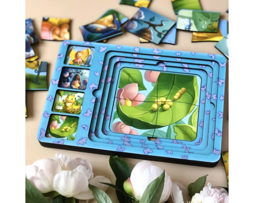 Деревянная настольная игра "Этапы развития бабочки" Ubumblebees (ПСФ017) PSF017 сортер-пазл