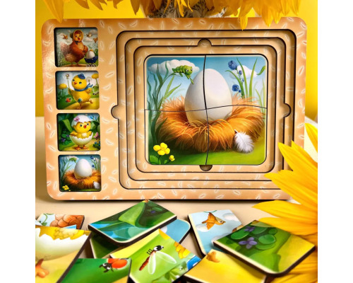Деревянная настольная игра "Этапы развития курочки" Ubumblebees (ПСФ018) PSF018 сортер-пазл