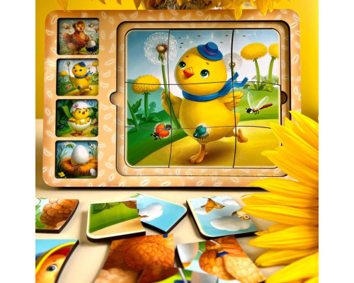 Деревянная настольная игра "Этапы развития курочки" Ubumblebees (ПСФ018) PSF018 сортер-пазл