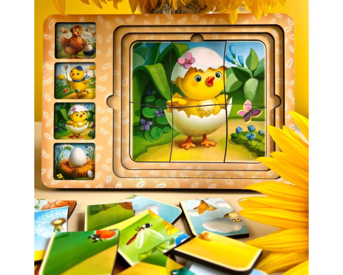 Деревянная настольная игра "Этапы развития курочки" Ubumblebees (ПСФ018) PSF018 сортер-пазл