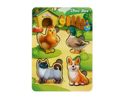 Деревянный пазл-вкладыш "Домашние животные-2" Ubumblebees (ПСФ054) PSF054 фон с подсказкой