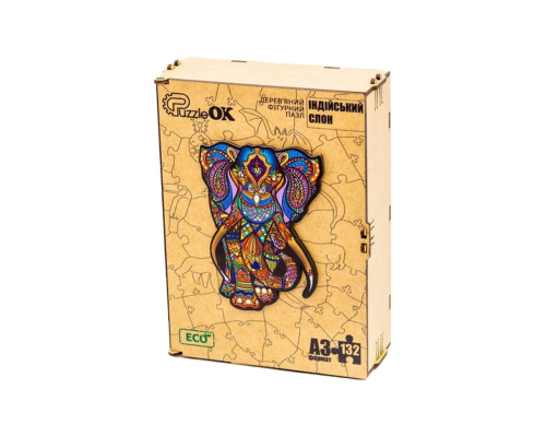 Фигурный деревянный пазл A3 "Индийский слон" PuzA3-03121, 132 детали
