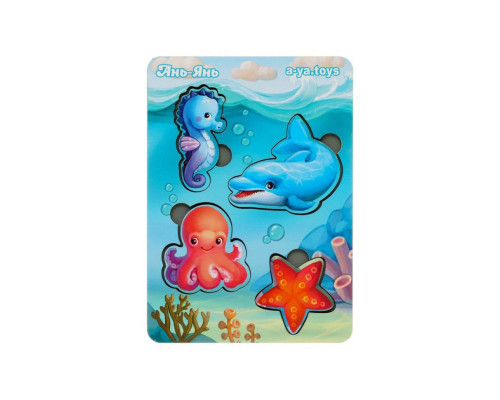 Деревянный пазл-вкладыш "Морские животные-1" Ubumblebees (ПСФ055) PSF055 фон с подсказкой