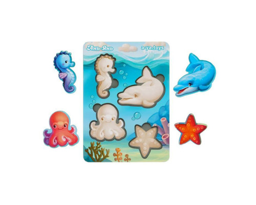 Деревянный пазл-вкладыш "Морские животные-1" Ubumblebees (ПСФ055) PSF055 фон с подсказкой