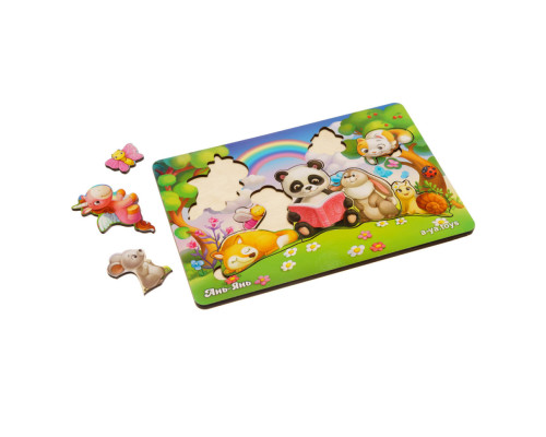 Деревянный пазл-вкладыш "Звери на лесной лужайке" Ubumblebees (ПСД177) PSD177, 9 деталей