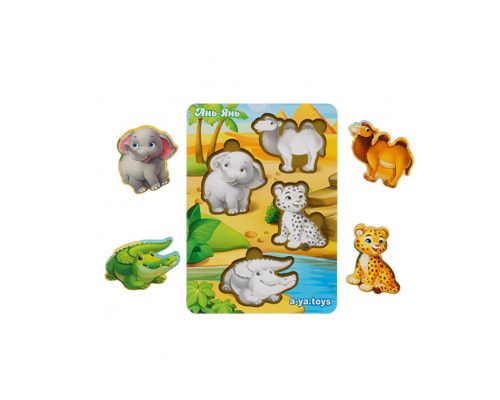 Деревянный пазл-вкладыш "Животные Африки-2" Ubumblebees (ПСФ060) PSF060 фон с подсказкой