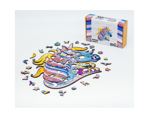 Фигурный деревянный пазл A3 "Сказочный единорог" PuzA3-00721, 148 элементов