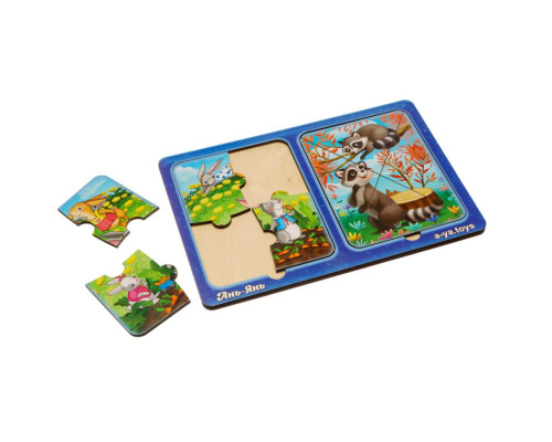 Деревянный пазл-вкладыш "Зайки и енотики" Ubumblebees (ПСД182) PSD182 в рамке