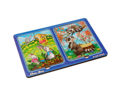 Деревянный пазл-вкладыш "Зайки и енотики" Ubumblebees (ПСД182) PSD182 в рамке