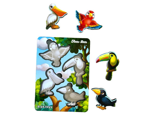 Деревянный пазл-вкладыш "Птицы" Ubumblebees (ПСФ062) PSF062 фон с подсказкой