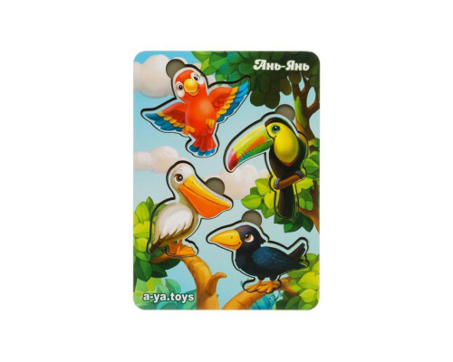 Деревянный пазл-вкладыш "Птицы" Ubumblebees (ПСФ062) PSF062 фон с подсказкой