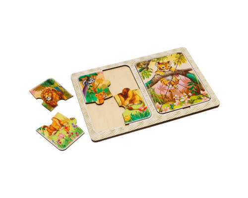 Деревянный пазл-вкладыш "Львы и тигренок" Ubumblebees (ПСД184) PSD184 в рамке