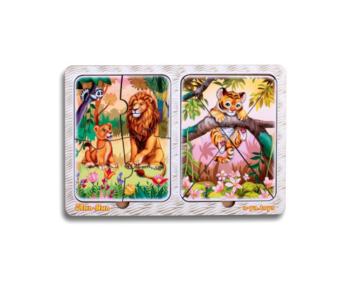 Деревянный пазл-вкладыш "Львы и тигренок" Ubumblebees (ПСД184) PSD184 в рамке