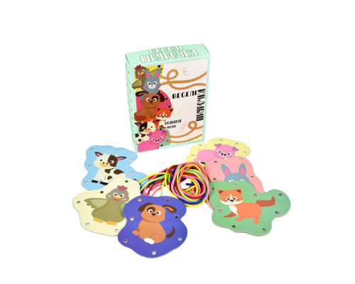 Развивающая игра "Веселые шнурочки Животные" 30522, 6 картинок, цветные шнурки