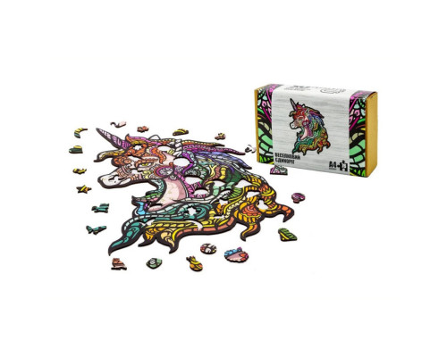 Фигурный деревянный пазл A4 Радужный Единорог PuzA4-00701, 76 деталей