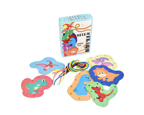 Развивающая игра "Веселые шнурочки Динозавры" 30524, 6 картинок, цветные шнурки