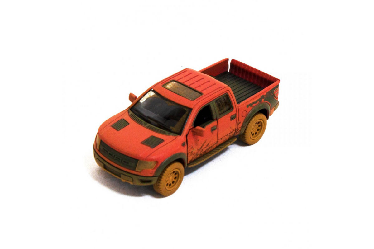 Детская модель машинки пикап Ford F-150 SVT Raptor-Supercrew Muddy Kinsmart KT5365WY инерционная, 1:46 Red