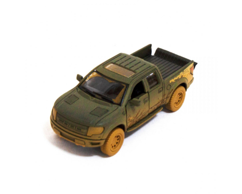 Детская модель машинки пикап Ford F-150 SVT Raptor-Supercrew Muddy Kinsmart KT5365WY инерционная, 1:46 Dark-Green