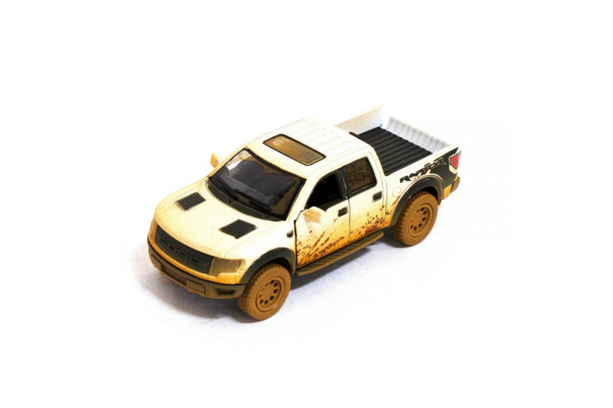Детская модель машинки пикап Ford F-150 SVT Raptor-Supercrew Muddy Kinsmart KT5365WY инерционная, 1:46 White