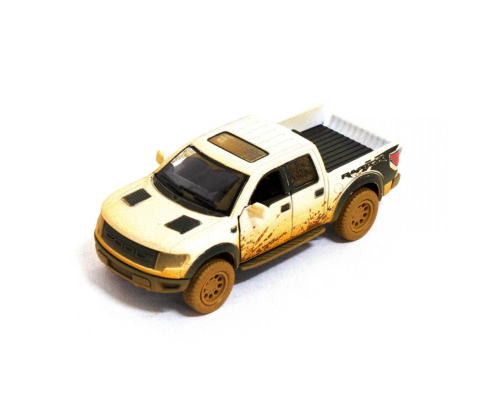 Детская модель машинки пикап Ford F-150 SVT Raptor-Supercrew Muddy Kinsmart KT5365WY инерционная, 1:46 White