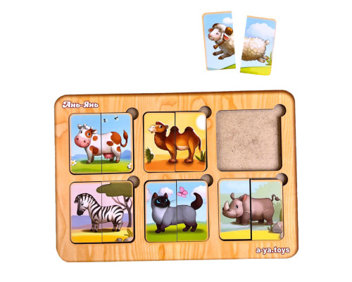 Деревянный пазл-сортер "Удивительные зверята" Ubumblebees (ПСФ090) PSF090, 6 картинок животных