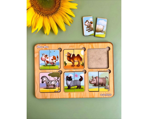 Деревянный пазл-сортер "Удивительные зверята" Ubumblebees (ПСФ090) PSF090, 6 картинок животных