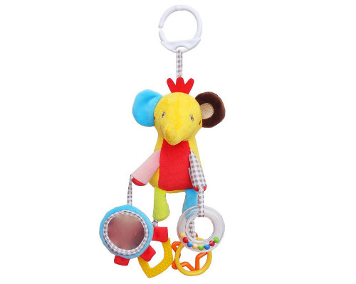 Детская погремушка WD210219  подвеска животное мягкое с прорезывателем и зеркалом слон