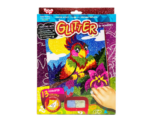 Розмальовка глітерними блискітками за номерами "Папуга" РГН-02-04 міні 20,5х26 см