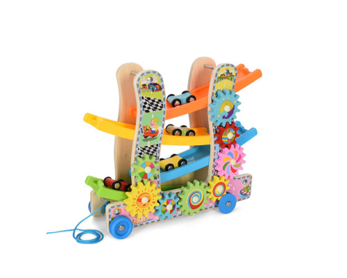 Дерев'яна іграшка "Трек" MD2594 каталка, машинки 4см 3шт, шестерні