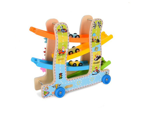 Дерев'яна іграшка "Трек" MD2594 каталка, машинки 4см 3шт, шестерні