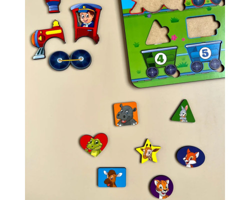 Деревянный пазл "Геометрические фигуры" Ubumblebees (ПСД048) PSD048 сортер-паровоз