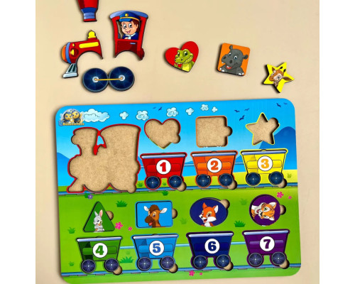 Деревянный пазл "Геометрические фигуры" Ubumblebees (ПСД048) PSD048 сортер-паровоз