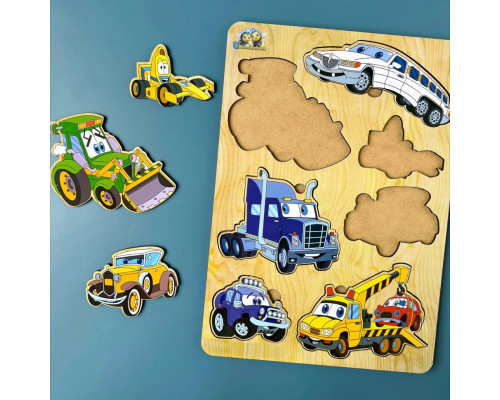 Деревянный пазл-вкладыш "Машинки-большой" Ubumblebees (ПСД058) PSD058, 7 элементов