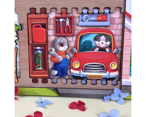 Деревянный пазл-вкладыш "Кошачий летний домик" (ПСД272) PSD272