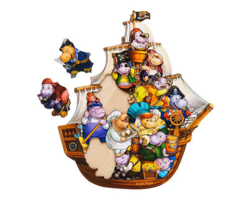 Деревянный пазл-вкладыш "Бегемотики-пираты" Ubumblebees (ПСД083) PSD083, 13 бегемотиков