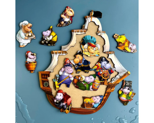 Деревянный пазл-вкладыш "Бегемотики-пираты" Ubumblebees (ПСД083) PSD083, 13 бегемотиков