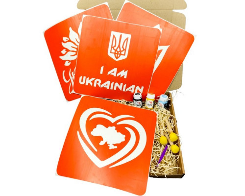 Набор для рисования по ткани «I Am Ukrainian, Тризуб, Карта Украины, Украина цветущая» paint-n064-n059-n080-n058