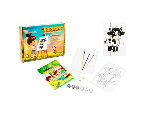 Деревянный пазл-раскраска А5 "Коровка" Puz-22936 кисточка, краски, клейкая пленка