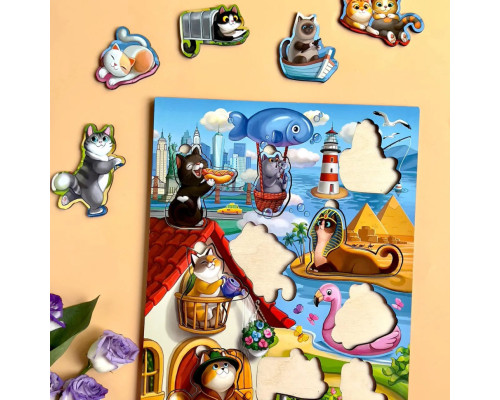 Деревянный пазл-вкладыш "Котики -1" Ubumblebees (ПСД128) PSD128 с домиком