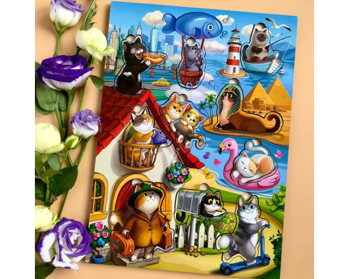 Деревянный пазл-вкладыш "Котики -1" Ubumblebees (ПСД128) PSD128 с домиком