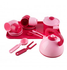 Игровой набор посуды 70309(Pink) с чайником, кастрюлей и подносом