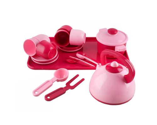Игровой набор посуды 70309(Pink) с чайником, кастрюлей и подносом