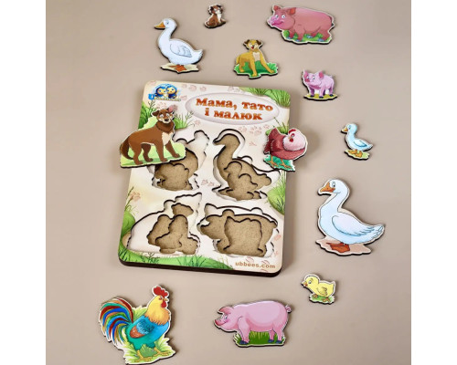 Дерев'яний пазл-вкладиш "Сім'я-свійські тварини-2" Ubumblebees (ПСФ003) PSF003 більше-менше